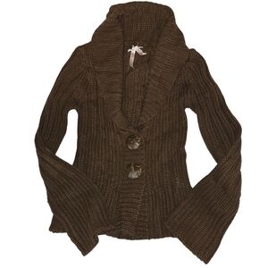 Cozy Women's Derek Heart Chunky Knit Brown Shawl Collar Sweater Buttons
